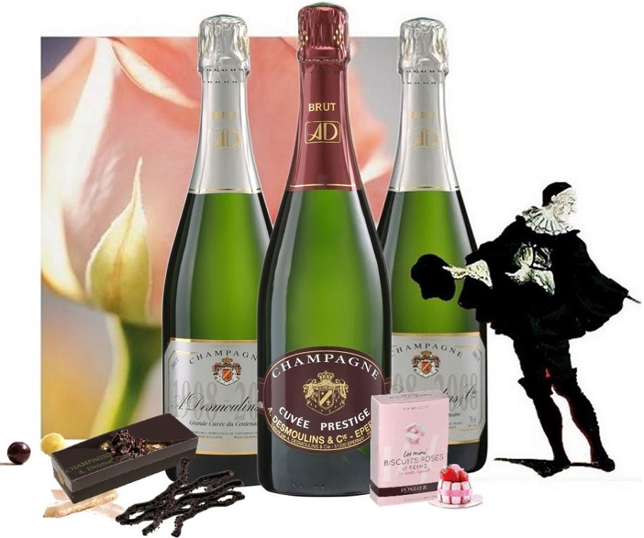 COLIS FÊTE DES MÈRES : 3 bouteilles Cuvée Centenaire Brut + 3 bouteilles Cuvée Prestige Brut + Baby Plumier CHOCOLATS + Mini BISCUITS Roses CADEAUX
