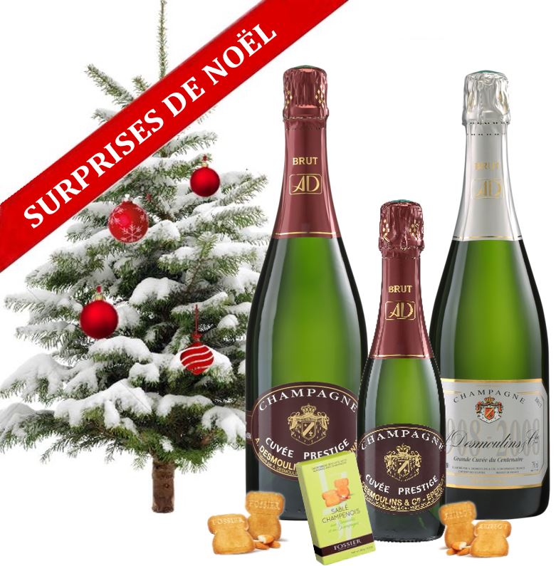 SURPRISES DE NOËL : 4 bouteilles Cuvée Centenaire Brut + 1 bouteille Cuvée Prestige Brut + 1 demi-bouteille Prestige OFFERTE + étui Sablés au Champagne OFFERT ! 